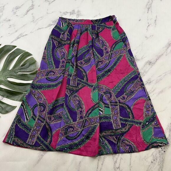 Gianna Womens Vintage 90s Midi Skirt Size 12 Purple Pink Paisley Pleated Satin - Picture 1 of 10